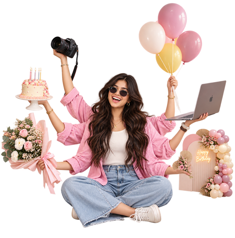 Illustration of a woman multitasking with a camera, balloons, laptop and flowers, representing Quikii's versatile team