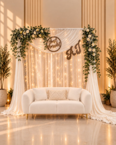 Fabric & Floral Backdrop With Sheer Fabric, String Lights | At-Home | Same Day