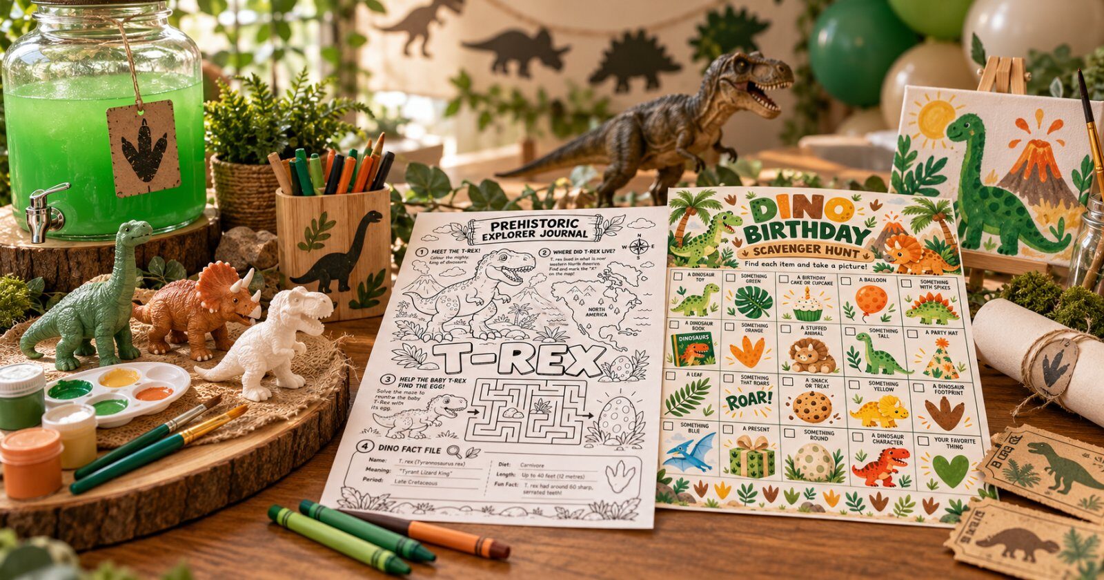 Dino-themed birthday activity sheets, dinosaur toys and craft supplies on a party table